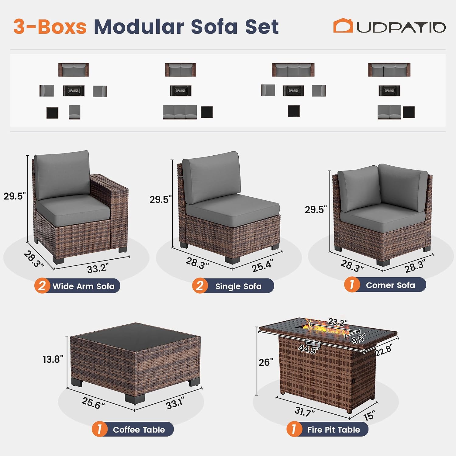 UDPATIO Patio Furniture Set with Fire Pit Table, 8 Inch Armrest 7 Piece Outdoor Sectional Sofas, All-Weather Wicker Conversation for Garden, Backyard, Brown/Dark Grey