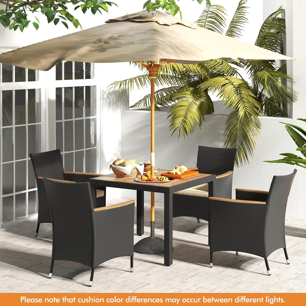COSTWAY 5-Piece Patio Dining Set for 4, Outdoor Rattan Wicker Table and Chairs Furniture Set with Umbrella Hole, Acacia Wood Tabletop for Backyard, Balcony, Poolside, Black & Beige