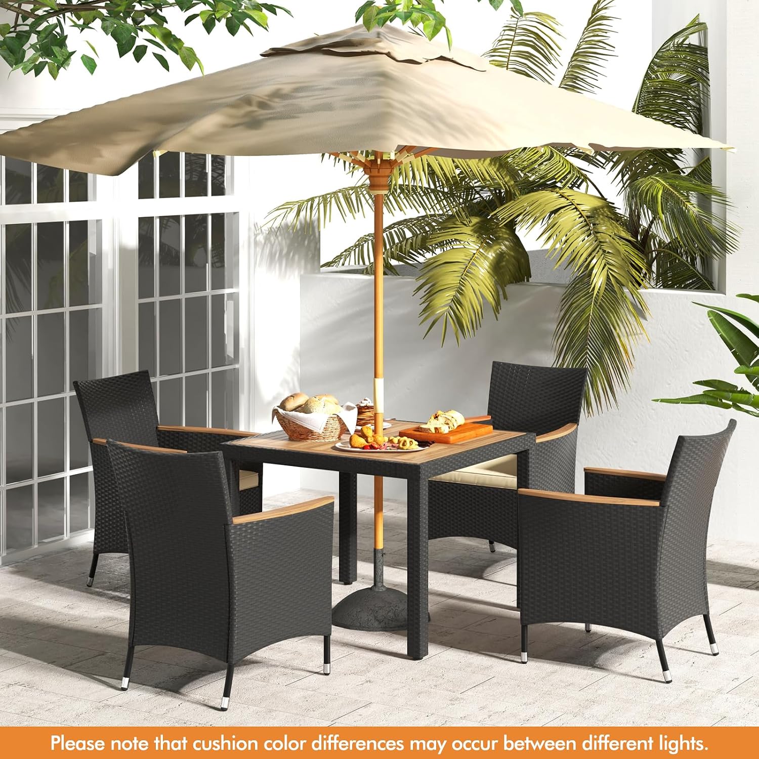 COSTWAY 5-Piece Patio Dining Set for 4, Outdoor Rattan Wicker Table and Chairs Furniture Set with Umbrella Hole, Acacia Wood Tabletop for Backyard, Balcony, Poolside, Black & Beige