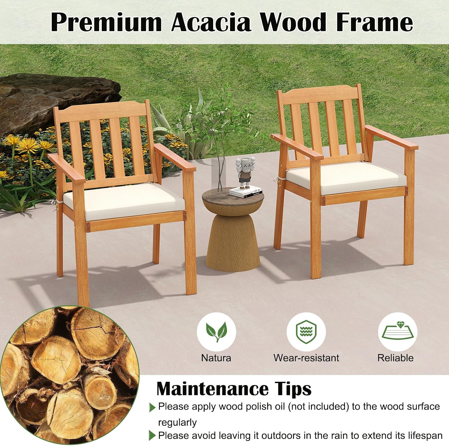 Tangkula 6 Pieces Patio Dining Table Set, 63' Rectangle Acacia Wood Table with Umbrella Hole and 4 Cushioned Armchairs and Backless Bench, Outdoor Dinette Furniture for Garden Yard Kitchen