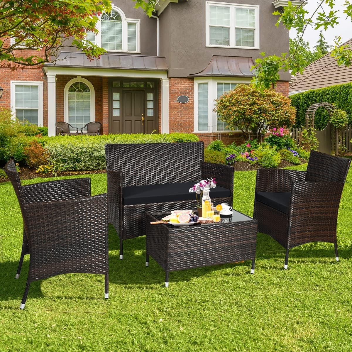 COSTWAY 4PCS Rattan Patio Furniture Set, Outdoor Wicker Rattan Chairs with Coffee Table, Rattan Cushioned Conversation Set for Backyard Balcony Porch Poolside, Black