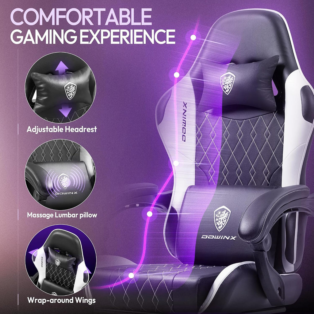 Dowinx Gaming Chair with Massage Lumbar Support and Footrest, Gaming Chairs for Adults, Ergonomic Computer Chair High Back with Pocket Spring Cushion, Swivel Recliner with Headrest, Black and White