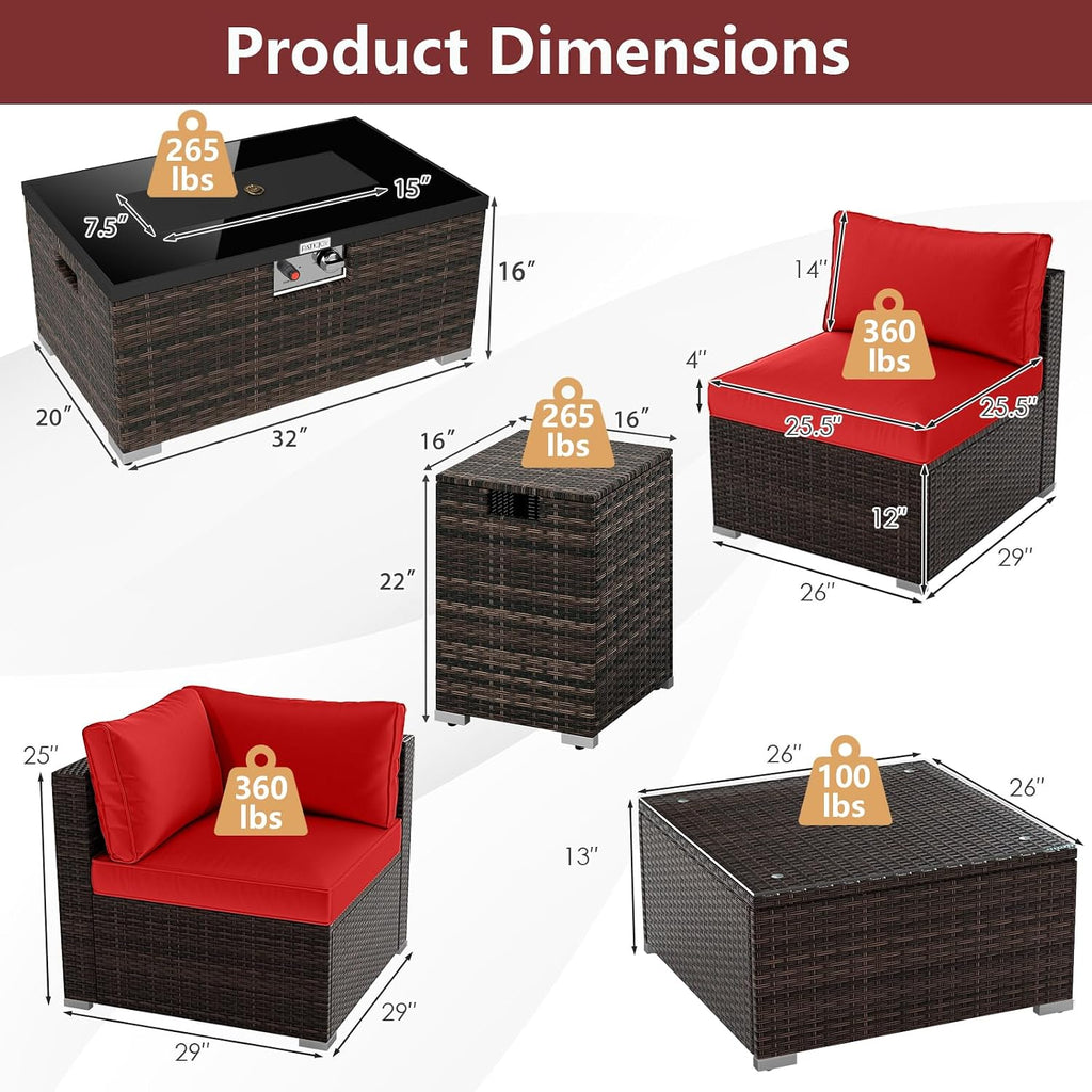 Tangkula 7 Pieces Wicker Patio Furniture Set with 40,000 BTU Gas Fire Pit Table & Propane Tank Cover Table & Glass Top Coffee Table, for Garden, Backyard and Poolside (Red)