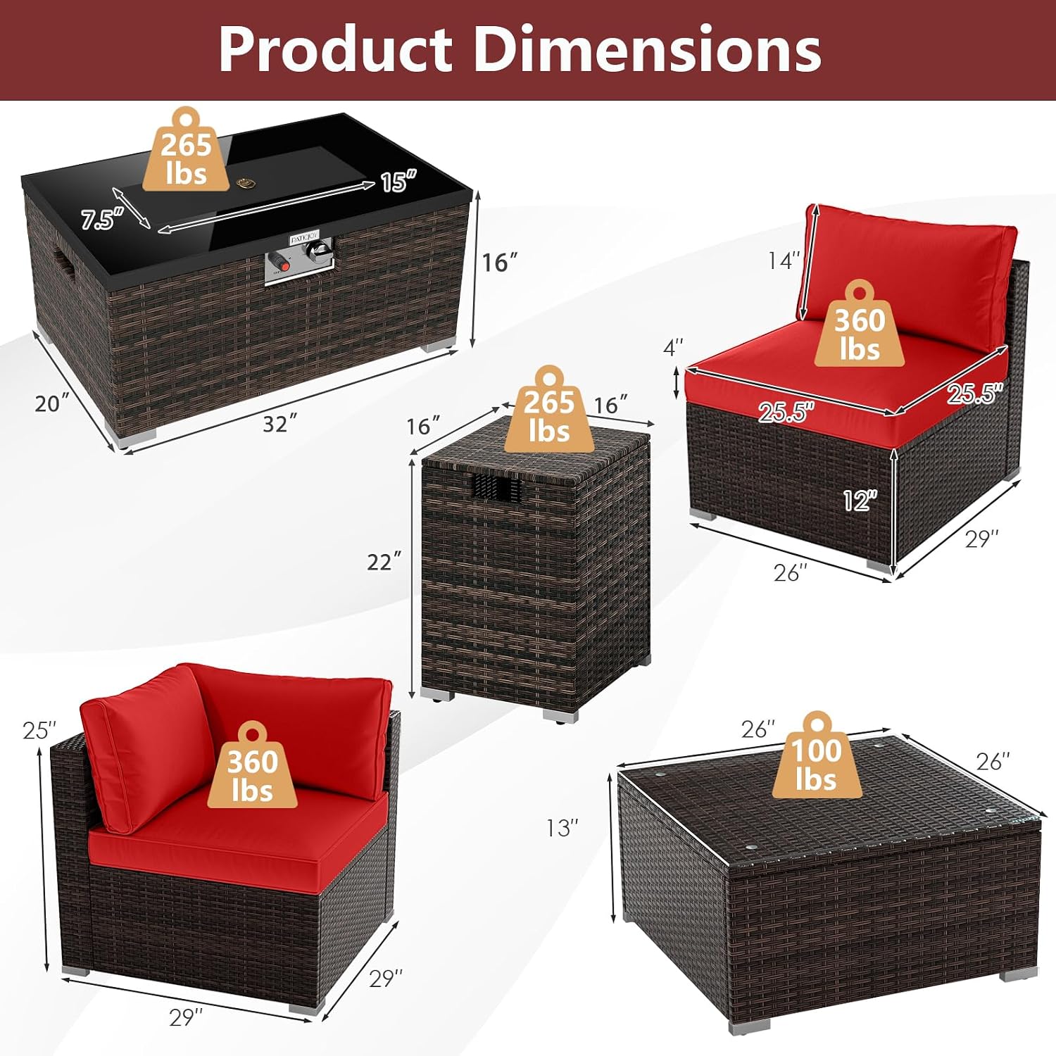 Tangkula 7 Pieces Wicker Patio Furniture Set with 40,000 BTU Gas Fire Pit Table & Propane Tank Cover Table & Glass Top Coffee Table, for Garden, Backyard and Poolside (Red)