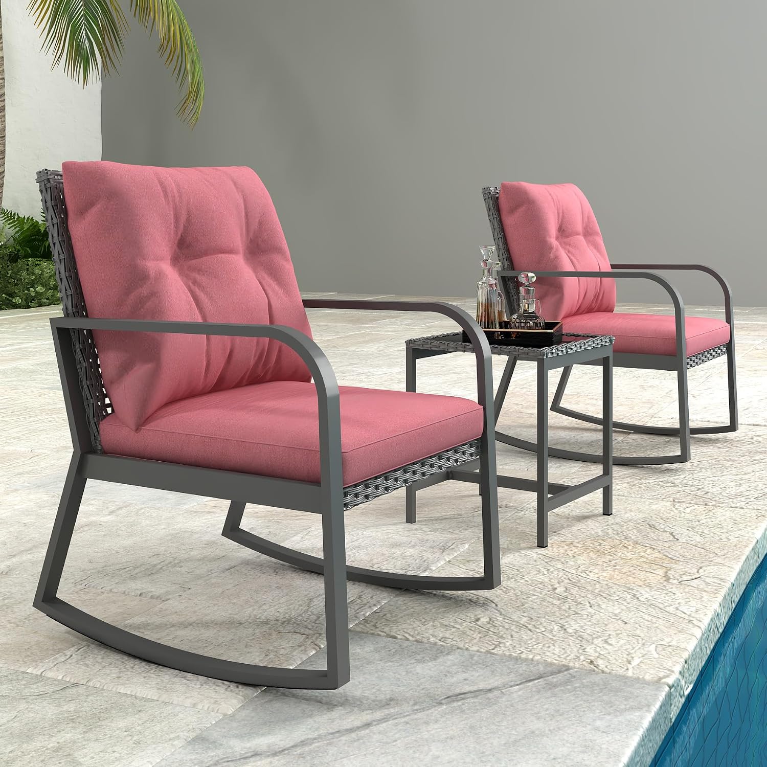 3 Piece Rocking Bistro Patio Set, Outdoor Rocking Chair, Outdoor Bistro Sets Wicker Patio Furniture Rocking Chairs Sectional Couch with Tempered Glass Top Coffee Table & Cushions, Red
