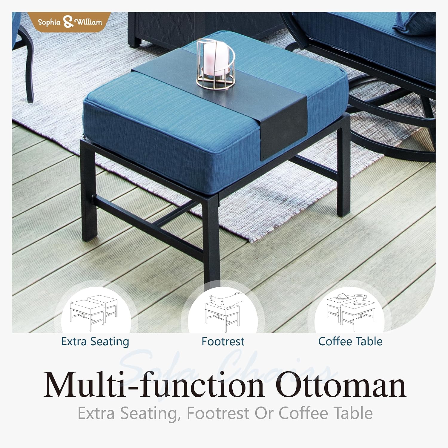 Sophia & William Patio Furniture Sets 6 Pcs Outdoor Conversation Set for 7,2 x Cushioned Swivel Sofa Chairs,1 x 3-Seat Sofa,2 Ottomans, Marbling Metal Coffee Table Backyard Poolside Peacock Blue