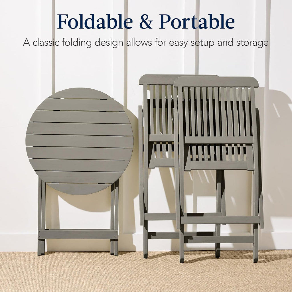 Best Choice Products 3-Piece Acacia Wood Bistro Set, Folding Patio Furniture for Backyard, Balcony, Deck w/ 2 Chairs, Round Coffee Table, Teak Finish - Gray