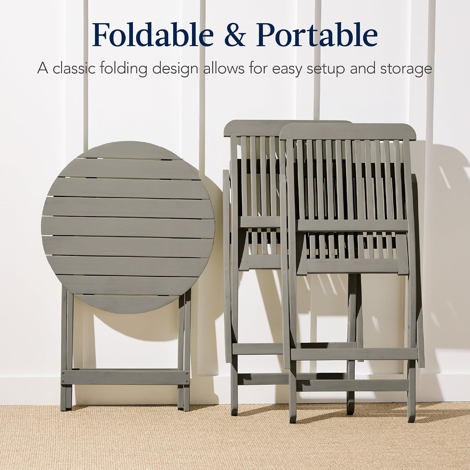 Best Choice Products 3-Piece Acacia Wood Bistro Set, Folding Patio Furniture for Backyard, Balcony, Deck w/ 2 Chairs, Round Coffee Table, Teak Finish - Gray