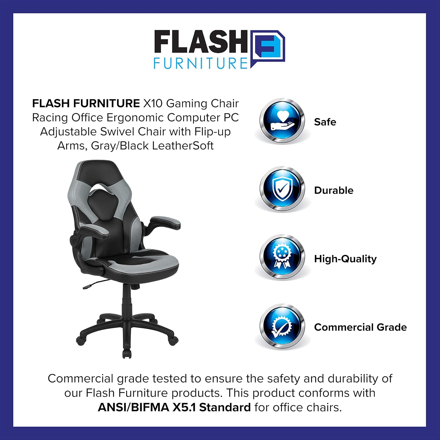 Flash Furniture X10 High-Back LeatherSoft Racing Style Gaming Chair with Flip-Up Arms, Ergonomic Padded Swivel Computer Chair, Gray/Black