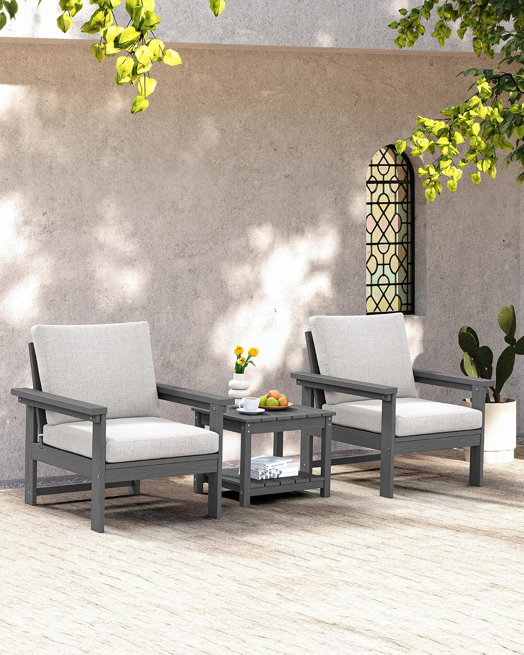 SERWALL HDPE Patio Sofa Set, 3-piece Sectional Outdoor Furniture Set, All Weather Outdoor Couch Set Patio Furniture Set for Deck, Lawn, Grey Frame with Khaki Cushion
