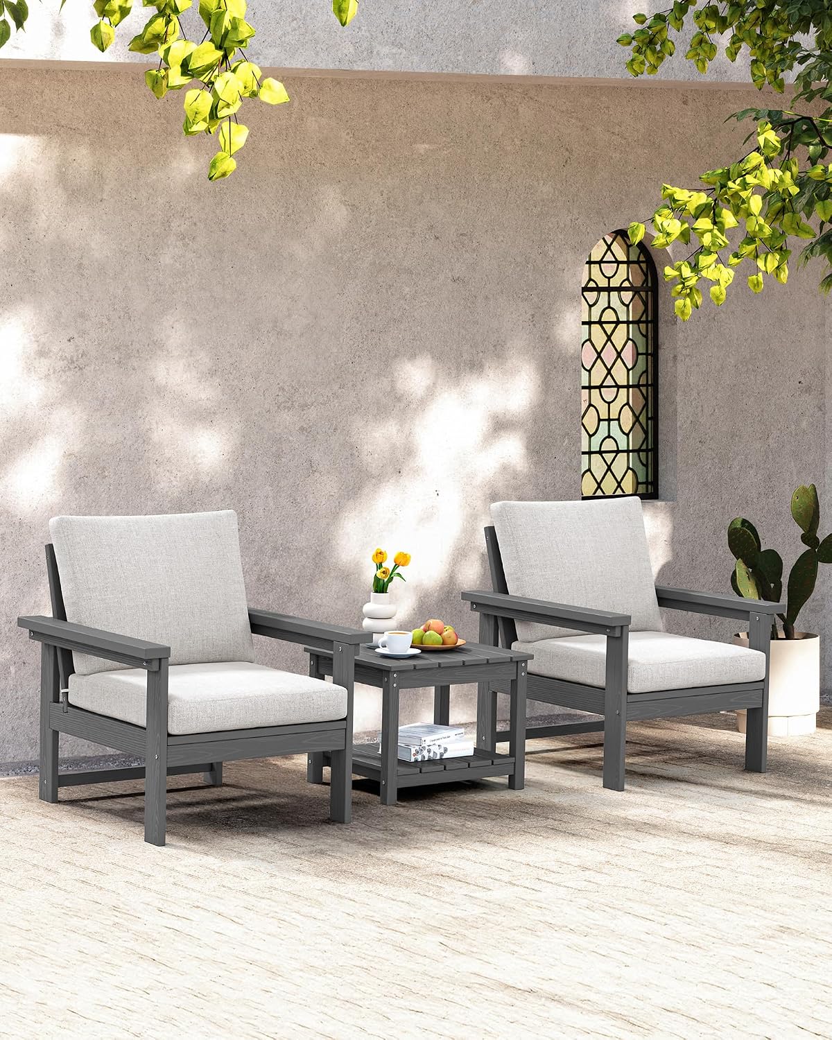 SERWALL HDPE Patio Sofa Set, 3-piece Sectional Outdoor Furniture Set, All Weather Outdoor Couch Set Patio Furniture Set for Deck, Lawn, Grey Frame with Khaki Cushion