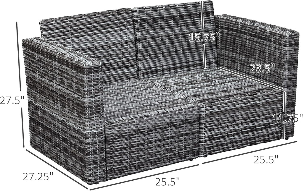 Outsunny 2 Piece Patio Wicker Corner Sofa Set, Outdoor PE Rattan Furniture, with Curved Armrests and Padded Cushions for Balcony, Garden, or Lawn, Gray
