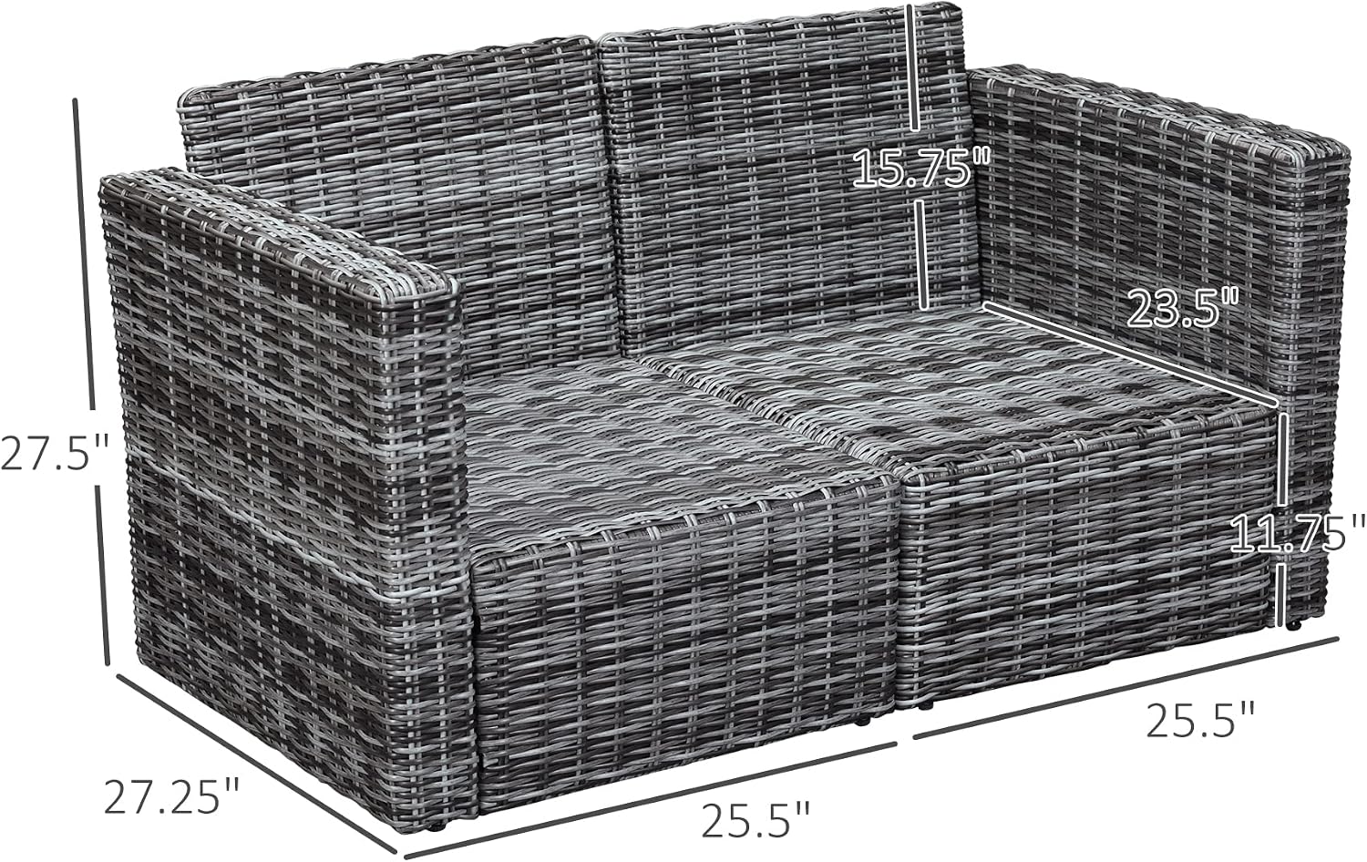 Outsunny 2 Piece Patio Wicker Corner Sofa Set, Outdoor PE Rattan Furniture, with Curved Armrests and Padded Cushions for Balcony, Garden, or Lawn, Gray