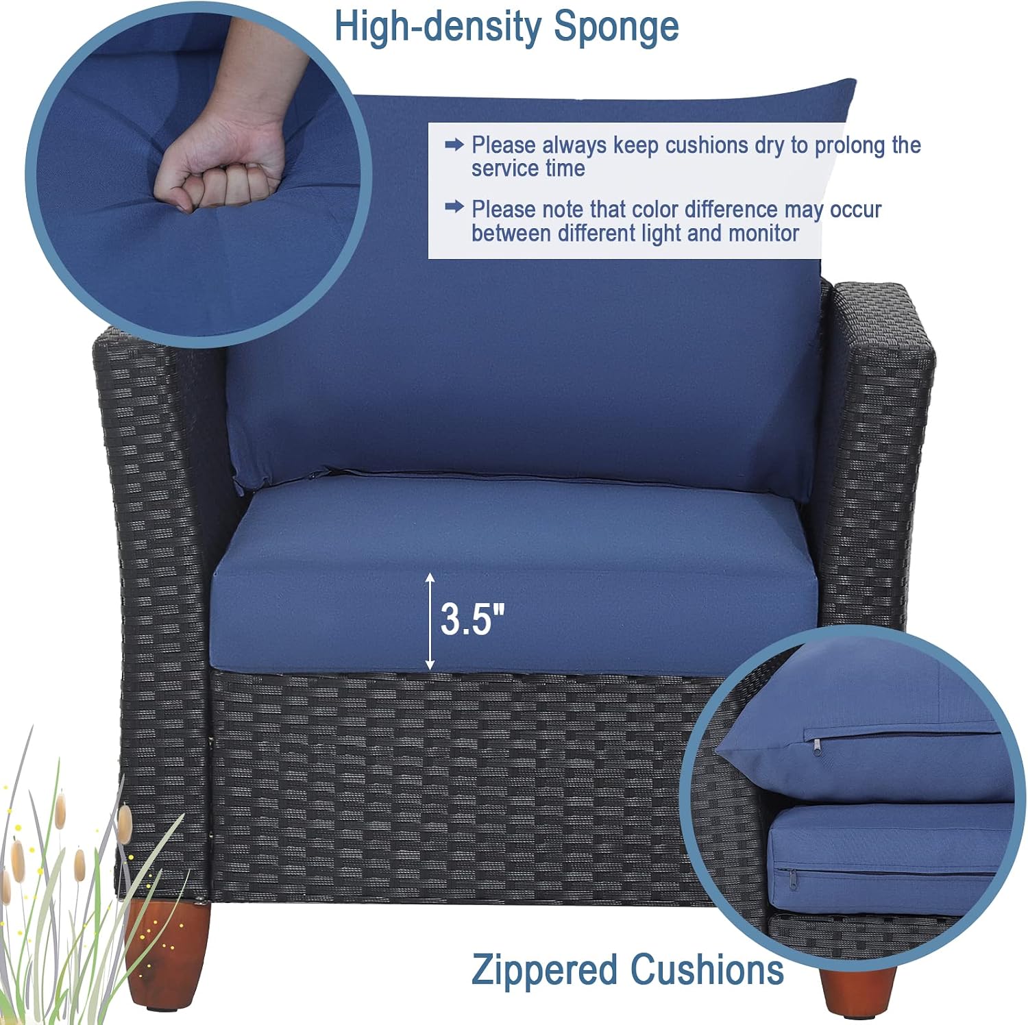 Tangkula 3 Piece Patio Furniture Set, Patiojoy Outdoor Wicker Rattan Bistro Sofa Set w/Washable Cushion, Acacia Wood Top Coffee Table, Conversation Set for Balcony Backyard Porch (Blue)