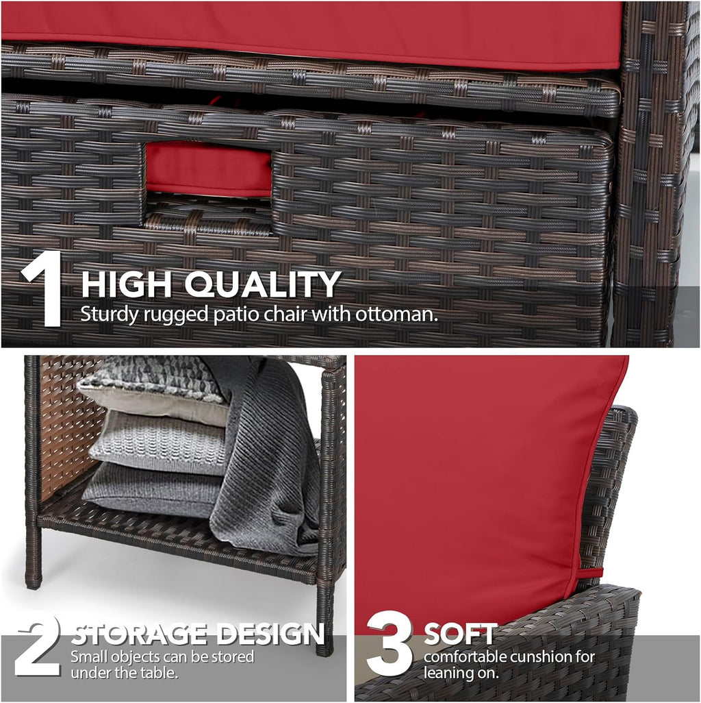LEVELEVE Balcony Furniture 5 Piece Patio Conversation Set, PE Wicker Rattan Outdoor Lounge Chairs with Soft Cushions 2 Ottoman&Glass Table for Porch, Lawn-Brown Wicker（Wine Red