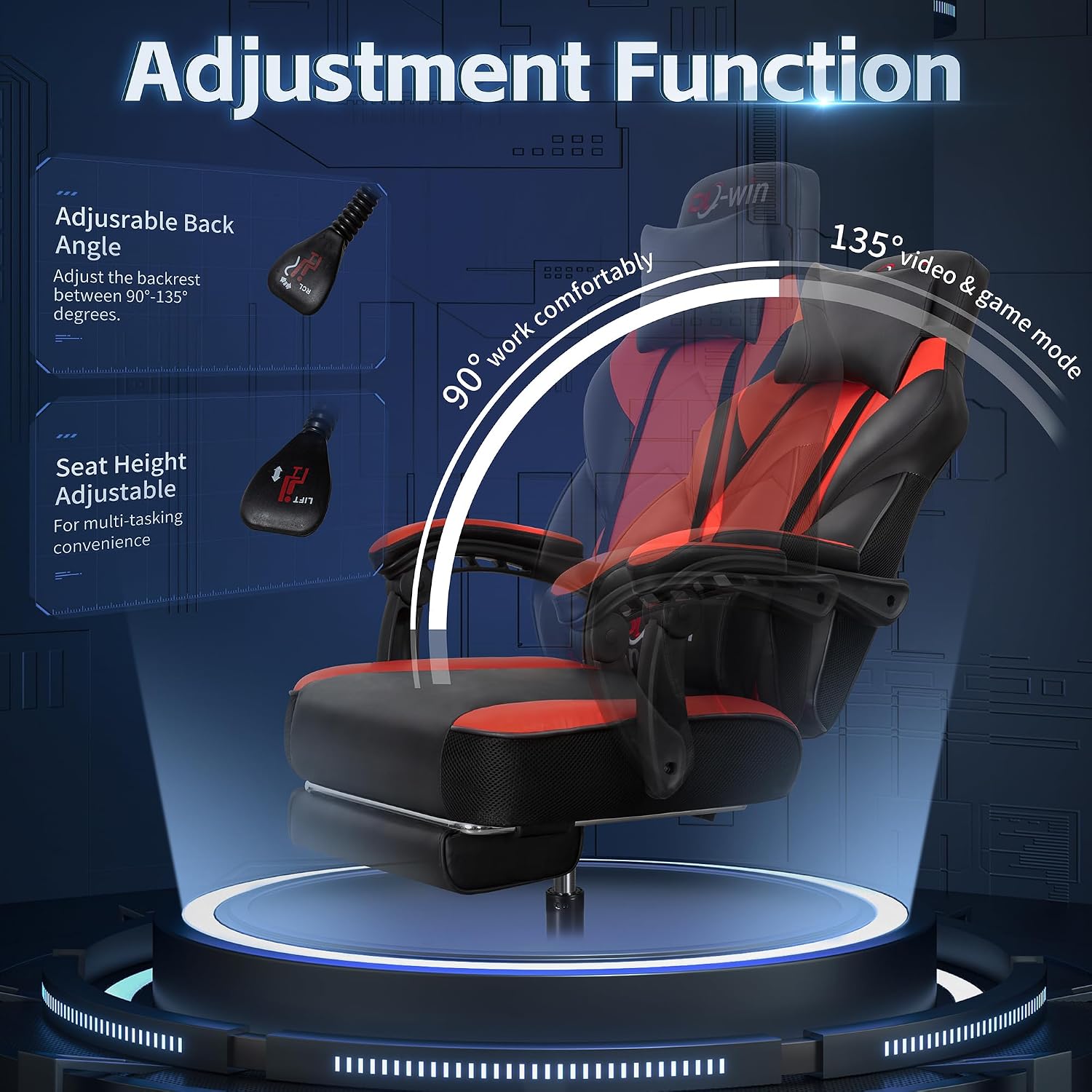Gaming Chair, Office Chair with Footrest and Lumbar Support, Height Adjustable Game Chair with 360°-Swivel Seat and Headrest and for Office or Gaming (Deep Red)