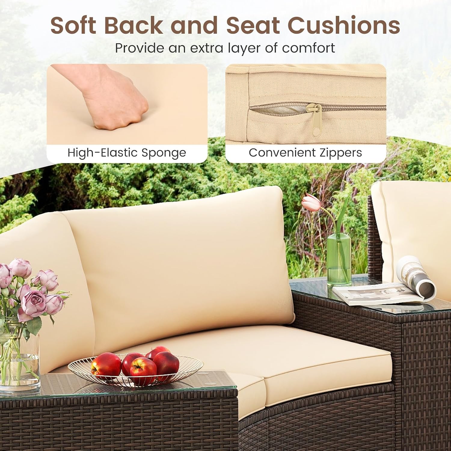 Tangkula 5 Pieces Patio Furniture Set, PE Rattan Half-Moon Curved Sectional Sofas with Tempered Glass Top Side Tables, Outdoor Conversation Set for Porch, Backyard & Poolside (Beige) | Breathable material