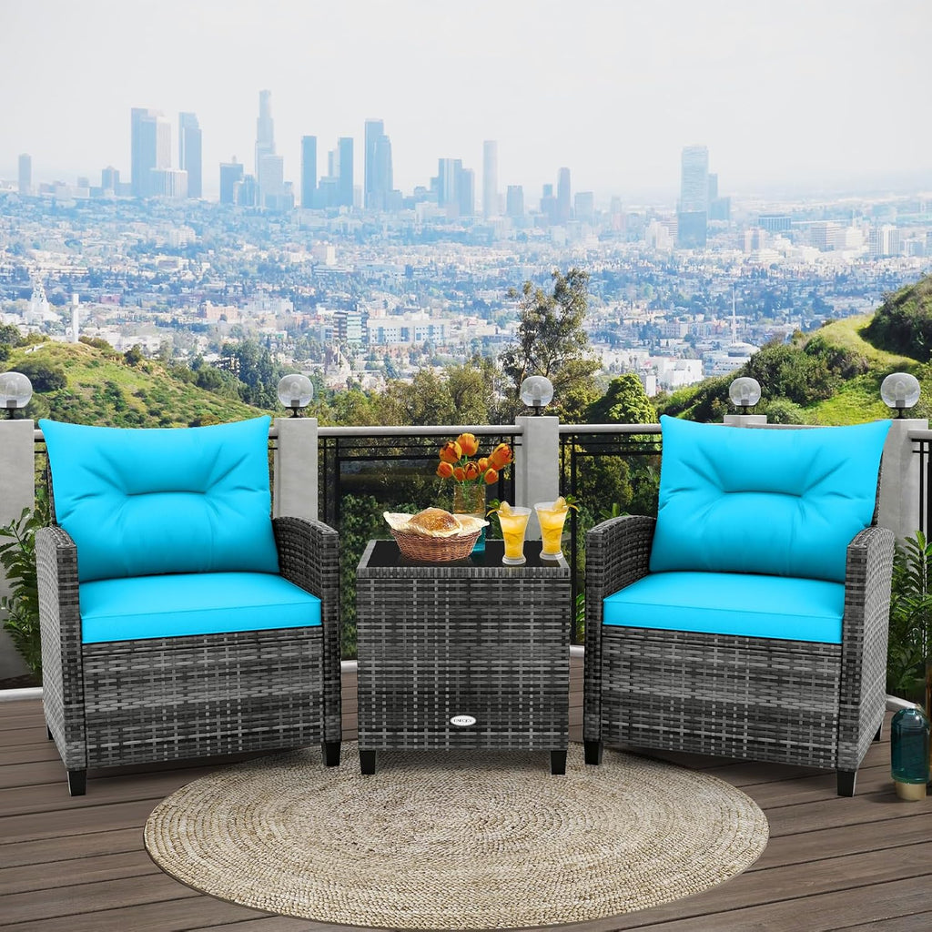 RELAX4LIFE 3 Piece Patio Furniture Set, Wicker Bistro Conversation Set w/2 Cushioned Armchairs & Glass Topped Table, Outdoor Rattan Sofa Set Patio Furniture for Porch Balcony Poolside (Grey-Turquoise)