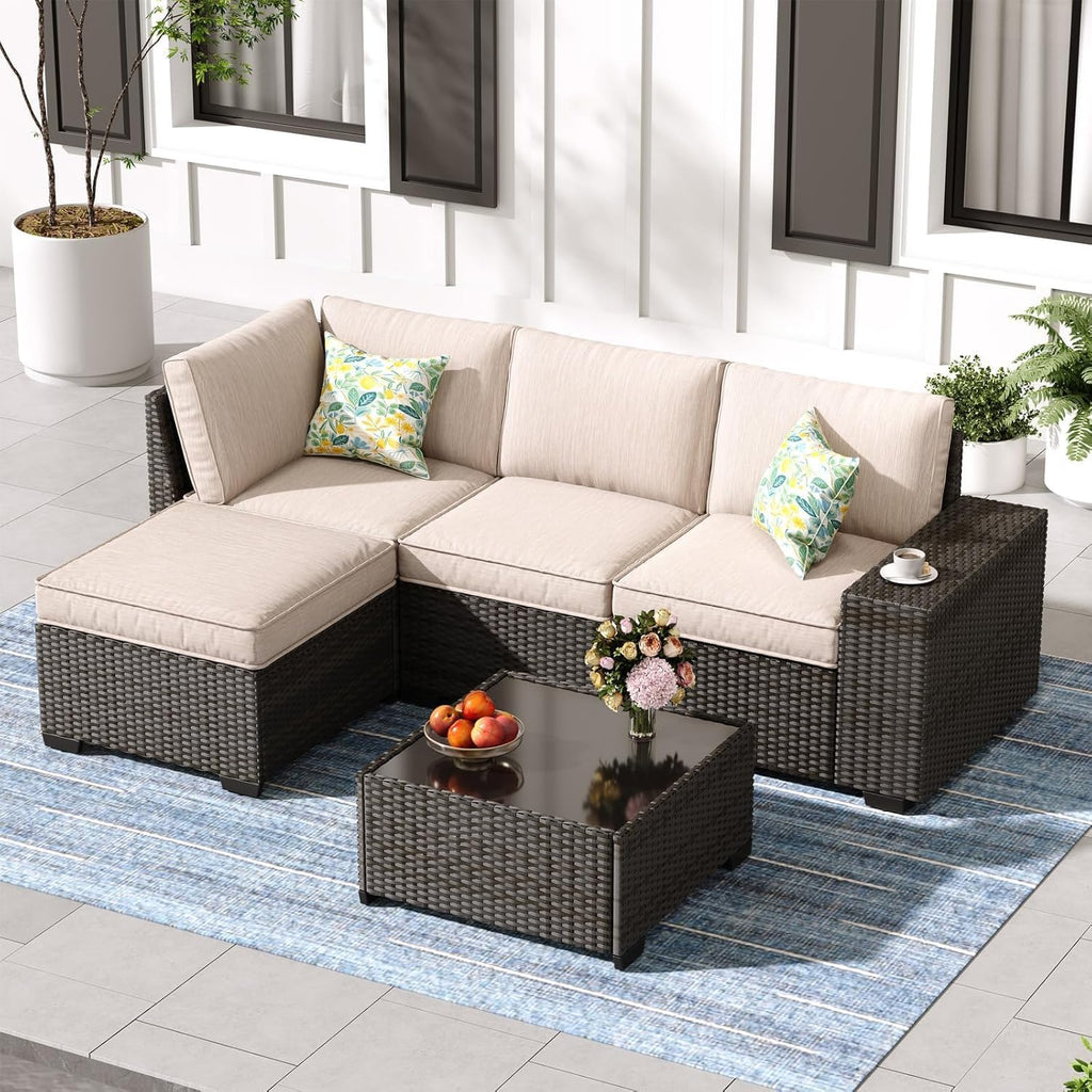 5 Pieces Outdoor Patio Furniture Set, Wicker Conversation Sets with Tea Table, Rattan Patio Sofa with Thick Cushions for Garden, Backyard, Poolside, Party, Beige