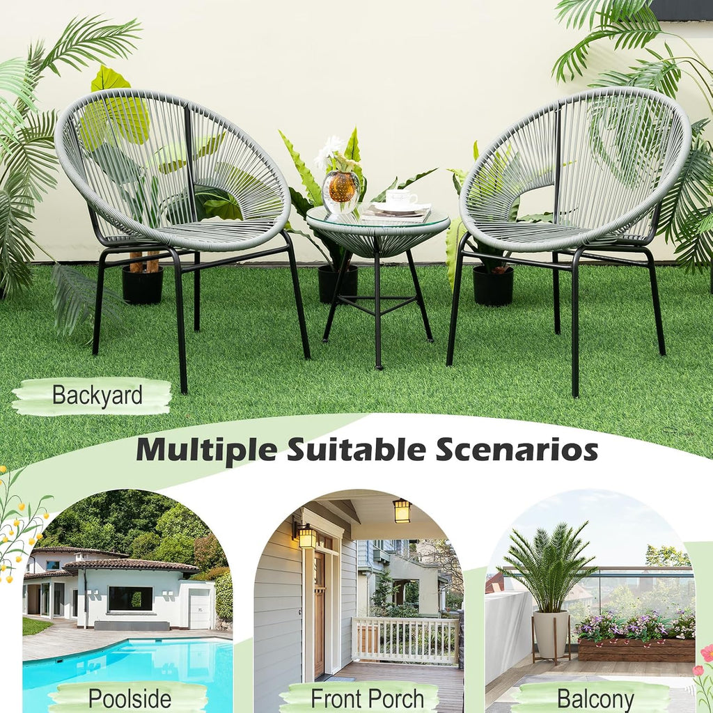 Tangkula 3 Piece Outdoor Patio Furniture Set, Acapulco Chair Set w/Plastic Rope, Tempered Glass Table, All Weather Patio Bistro Set for Patio, Lawn, Garden, Backyard (Grey)