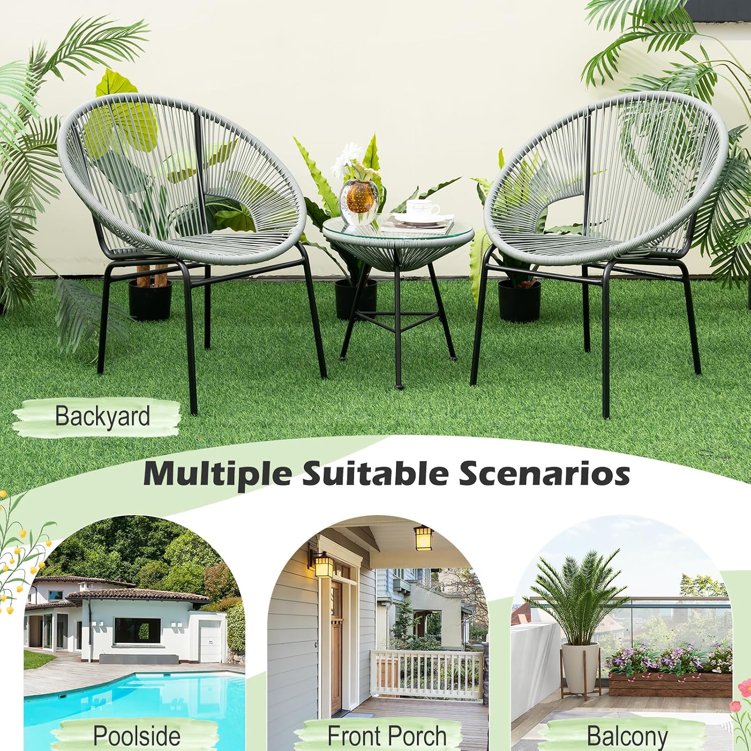 Tangkula 3 Piece Outdoor Patio Furniture Set, Acapulco Chair Set w/Plastic Rope, Tempered Glass Table, All Weather Patio Bistro Set for Patio, Lawn, Garden, Backyard (Grey)