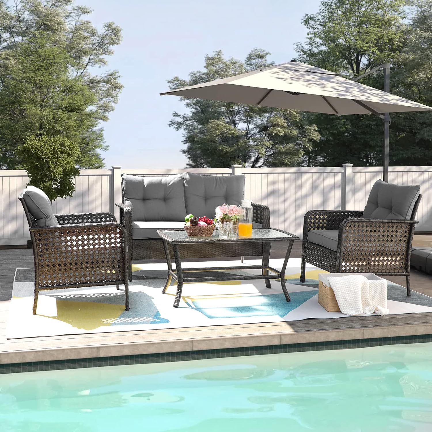 Lepdep Patio Furniture Set Outdoor Furniture - 4 Pieces Wicker Patio Conversation Sets with Loveseat, Rattan Seating Outside Patio Set Coffee Table Chair for Lawn, Deck, Balcony, Backyard. (Grey)