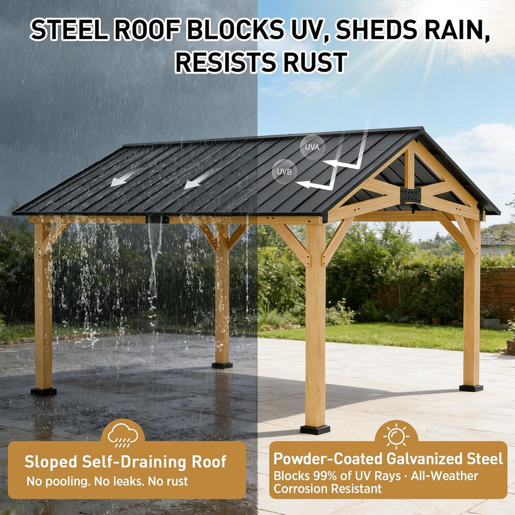 EAGLE PEAK 11x13 Hardtop Gazebo, Exposed Beam Rustic Gazebo, Galvanized Steel Gable Roof with Cedar Wood Frame, Outdoor Pavilion for Patio, Deck, Lawn and Garden Natural Wood/Black