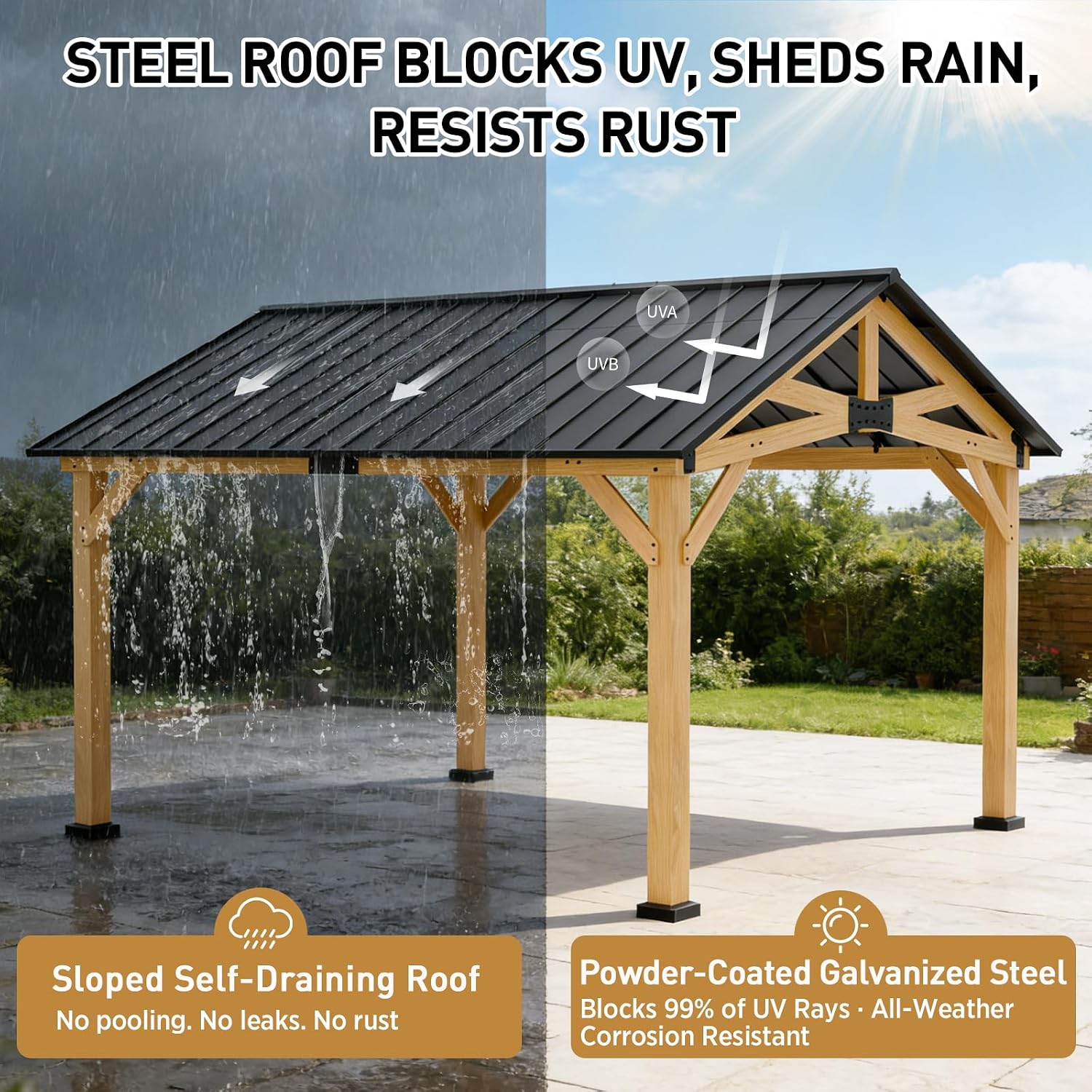 EAGLE PEAK 11x13 Hardtop Gazebo, Exposed Beam Rustic Gazebo, Galvanized Steel Gable Roof with Cedar Wood Frame, Outdoor Pavilion for Patio, Deck, Lawn and Garden Natural Wood/Black