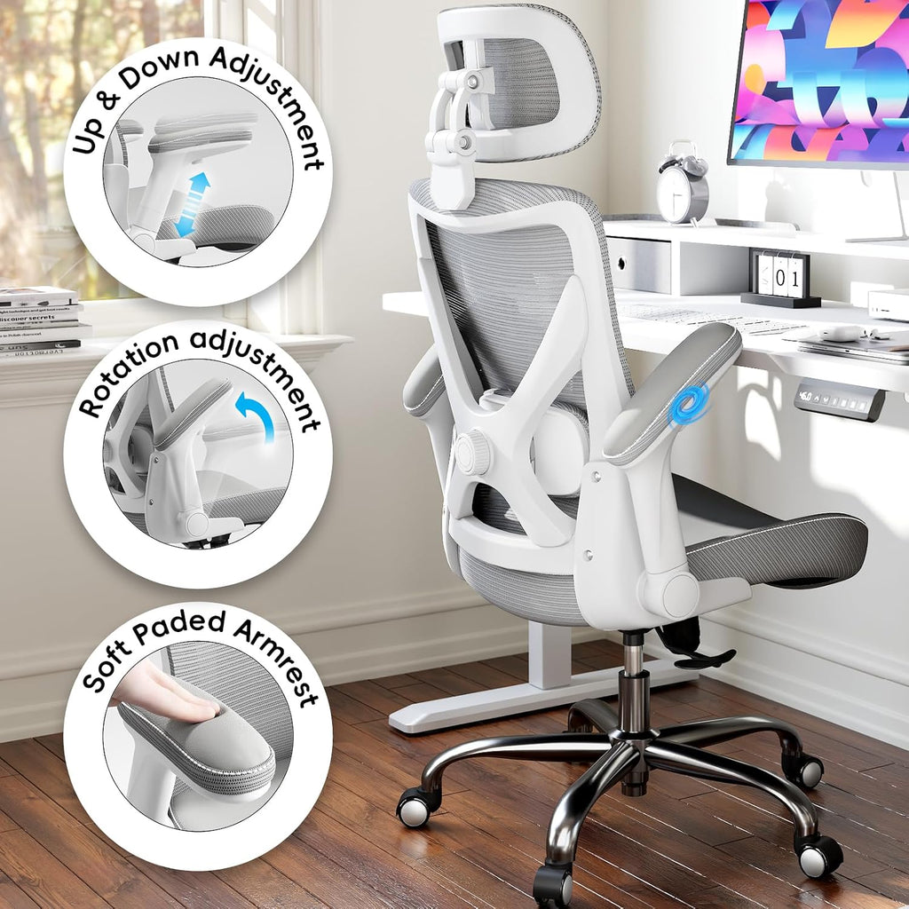 Ergalithic Ergonomic Office Chair-Computer X-Shaped Chair Mesh PU Leather with Adjustable Lumbar Support-Executive Desk Chair High Back with Headrest Flip-Up Arms for Long Hours (White-Grey)