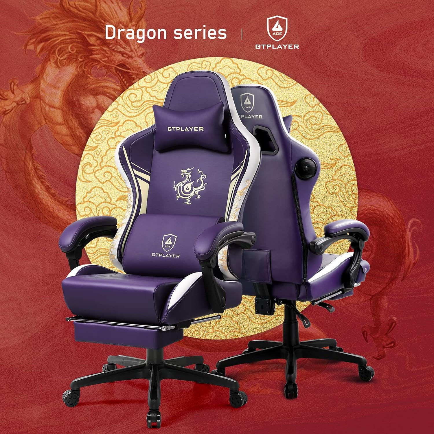 GTPLAYER Gaming Chair with Bluetooth Speakers and Footrest, Dragon Series Video Game Chair, Heavy Duty Ergonomic Chair Esports Gaming Chair, Computer Office Desk Chair (Purple)