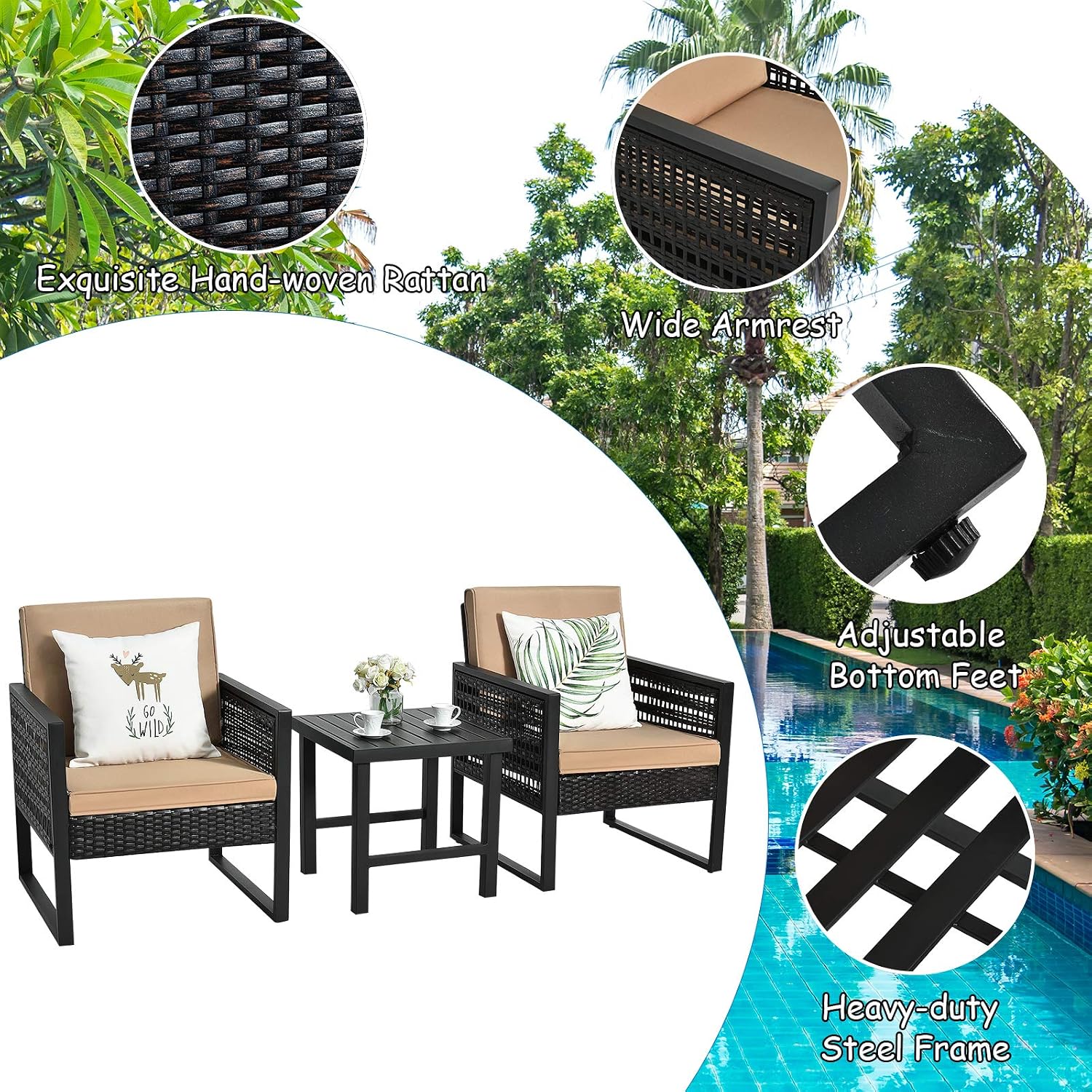 Tangkula 3 Piece Patio Wicker Bistro Set, Outdoor Rattan Sofa, Conversation Furniture w/Coffee Table, Seat and Back Cushions, Garden, Backyard, Balcony, Poolside