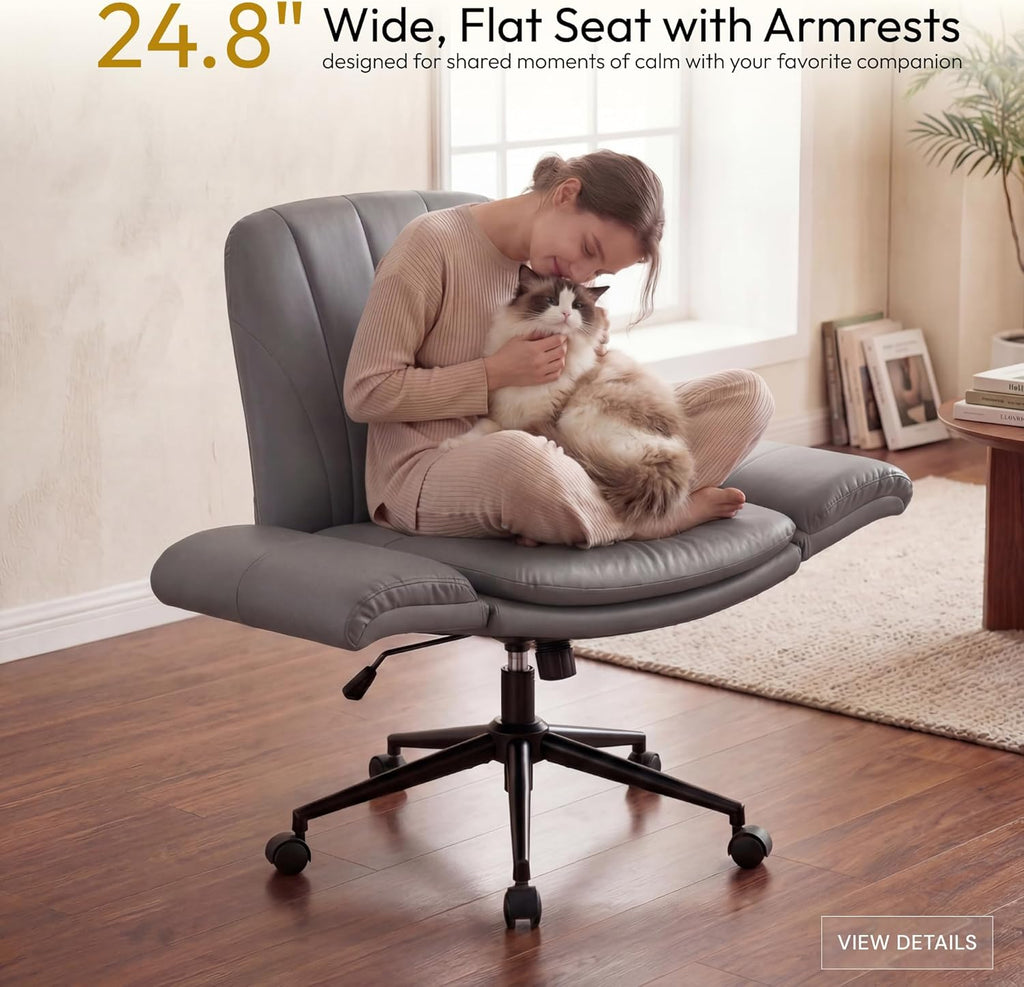 Dowinx Criss Cross Chair with Five-Level Adjustable Arms and Wheels - Comfortable Ergonomic PU Leather Swivel Vanity Chair - Computer Makeup Gaming Chair for Home Office, Bedroom, Vanity Room (Grey)