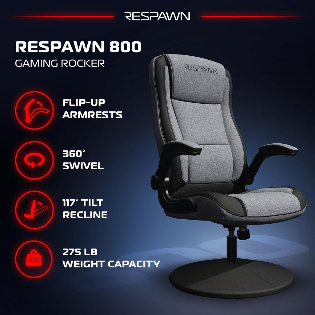RESPAWN 800 Swivel Rocker Gaming Chair - Ergonomic Floor Gaming Seat with Lumbar Support, Flip Up Armrest, High Back, Pedestal Base, Comfortable No Wheels Console Video Game Rocker Chair - Gray Fabric