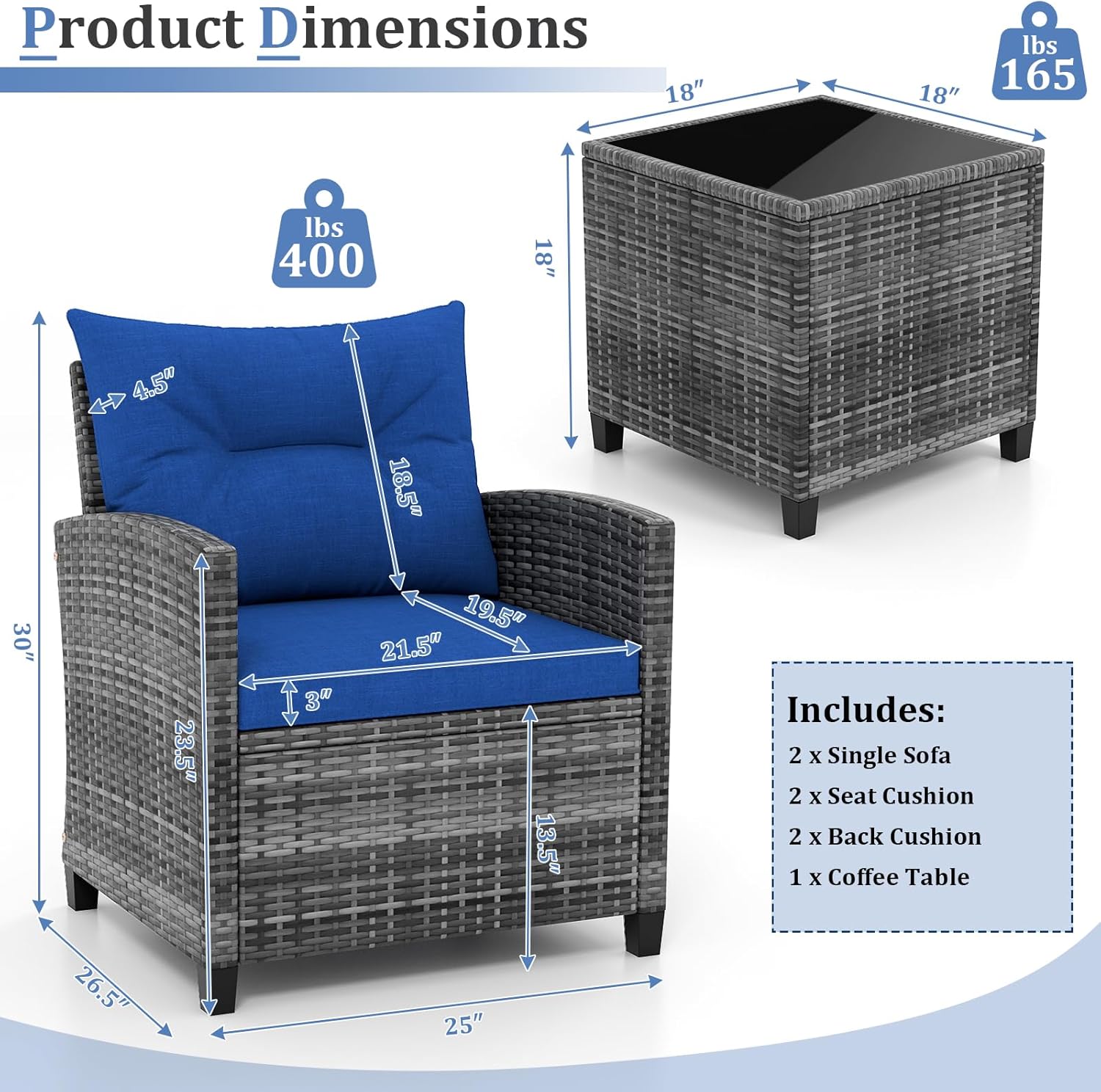 KOTEK 3 Piece Patio Furniture Set, Outdoor PE Rattan Conversation Set with Washable Cushions & Tempered Glass Tabletop, Wicker Chairs and Table Set for Porch, Garden, Balcony (Navy)