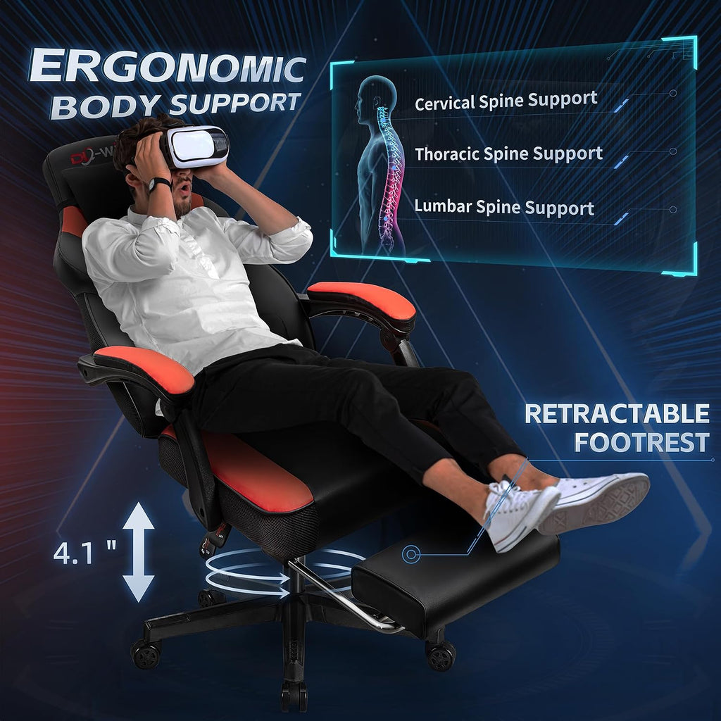 Gaming Chair, Office Chair with Footrest and Lumbar Support, Height Adjustable Game Chair with 360°-Swivel Seat and Headrest and for Office or Gaming (Deep Red)