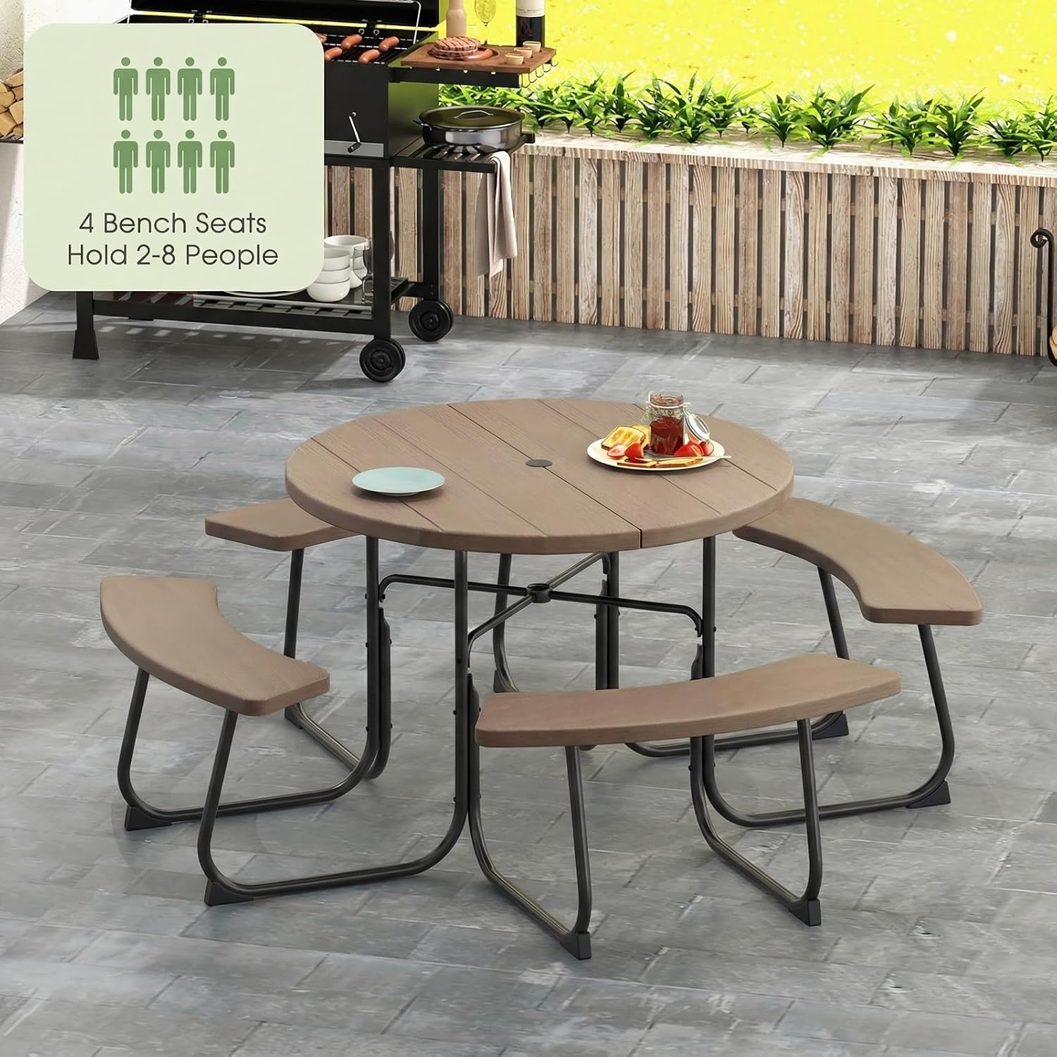 Giantex Picnic Table Set for Up to 8 Persons, Round Outdoor Table and Bench Set with Umbrella Hole, HDPE Top & Metal Frame, 2000LBS Capacity, Patio Table Bench for Deck Backyard Garden, Coral Reef