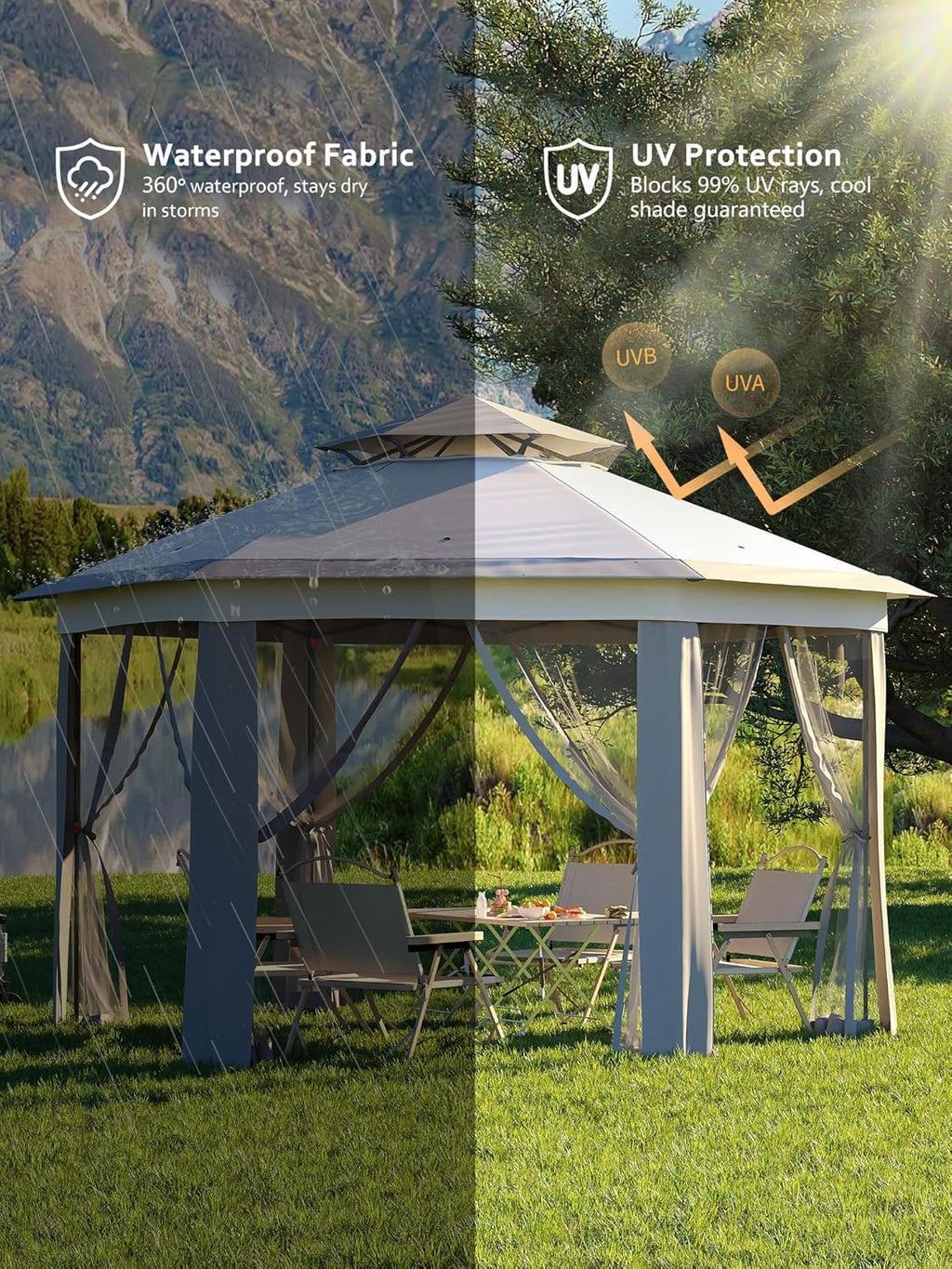13x13FT Pop Up Gazebo Screen Tent,Hexagonal Instant Gazebo Tent with Mosquito Netting Outdoor Canopy,6 Sided Sun Shelter with Mesh Netting,Pavilion Tents for Lawn, Garden, Backyard & Patio Furniture
