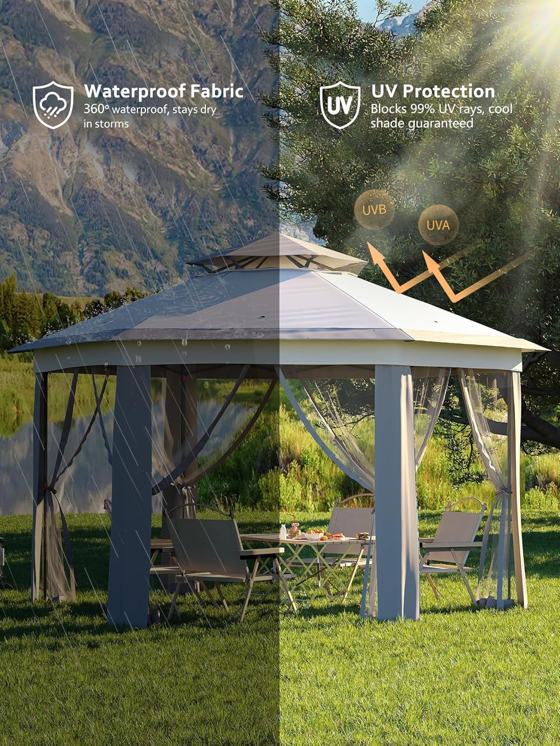 13x13FT Pop Up Gazebo Screen Tent,Hexagonal Instant Gazebo Tent with Mosquito Netting Outdoor Canopy,6 Sided Sun Shelter with Mesh Netting,Pavilion Tents for Lawn, Garden, Backyard & Patio Furniture