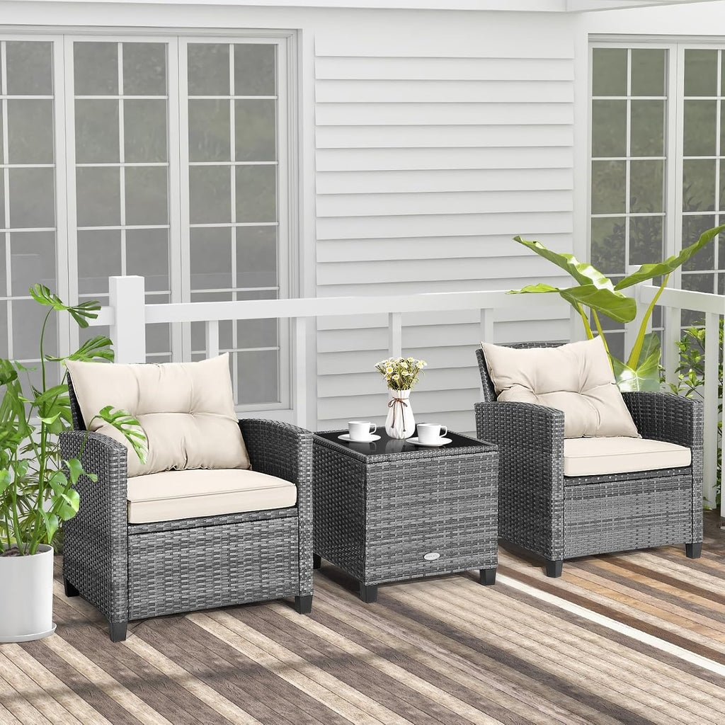 COSTWAY 3PCS Patio Furniture Set, PE Rattan Wicker Sofa w/Washable Cushion and Coffee Table, Tempered Glass Tabletop, Outdoor Conversation Set for Balcony, Porch, Yard, Backyard, Lawn (White)
