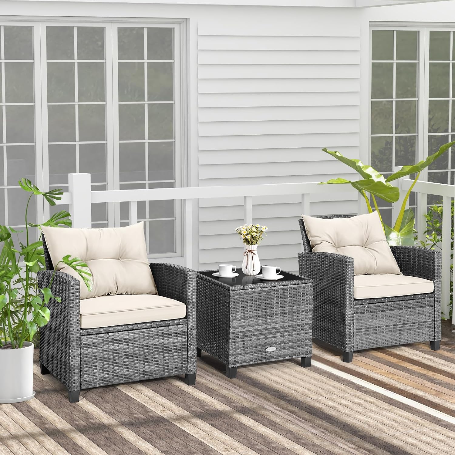 COSTWAY 3PCS Patio Furniture Set, PE Rattan Wicker Sofa w/Washable Cushion and Coffee Table, Tempered Glass Tabletop, Outdoor Conversation Set for Balcony, Porch, Yard, Backyard, Lawn (White)