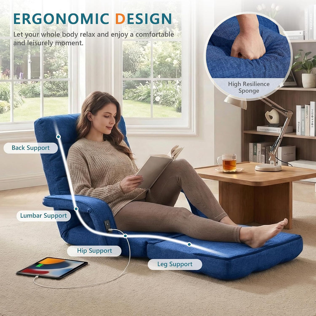 STHOUYN Comfy Bedroom Chair with 2 USB Charging Ports, 5-Position Floor Couch Gaming Chairs for Adults, Lounge Chair Indoor Folding Lazy Sofa Meditation Arm Dorm Chair Living Room (Navy Blue)
