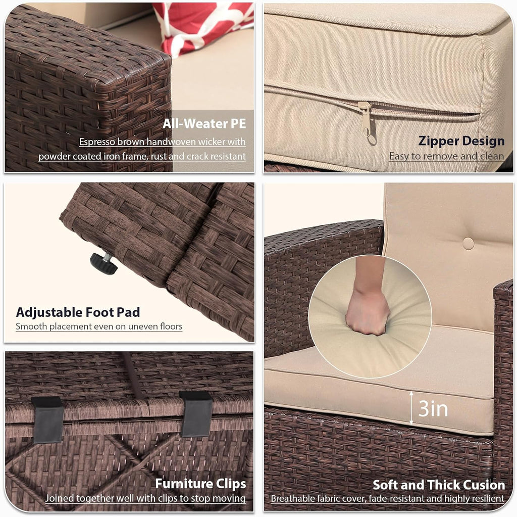 JOIVI 8 Pieces Outdoor Patio Furniture Set with 88 Gallon Storage Box, Rattan Wicker Patio Conversation Set with Coffee Tea Table, Outdoor Sectional Furniture Sofa Set with Cushions, Brown
