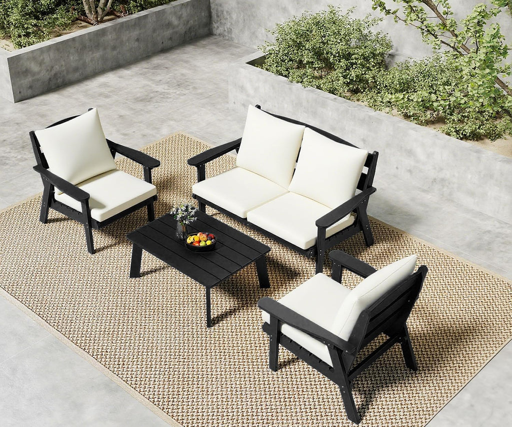 FOOWIN 4-Piece Patio Furniture Set, HDPE All-Weather Outdoor Conversation Set with Thick Cushions, Sectional Patio Sofa Furniture for Deck, Porch, Lawn, Garden, Black Frame & White Cushion