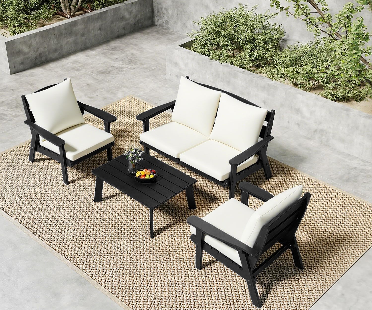 FOOWIN 4-Piece Patio Furniture Set, HDPE All-Weather Outdoor Conversation Set with Thick Cushions, Sectional Patio Sofa Furniture for Deck, Porch, Lawn, Garden, Black Frame & White Cushion