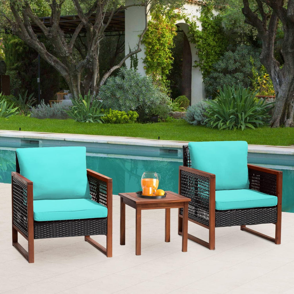 FDW 3-Piece Patio Bistro Set Acacia Wood Outdoor Chat Conversation Table Chair Set Outdoor Wood Chat Set with Water Resistant Cushions and Coffee Table for Beach Backyard Garden,Blue Cushion