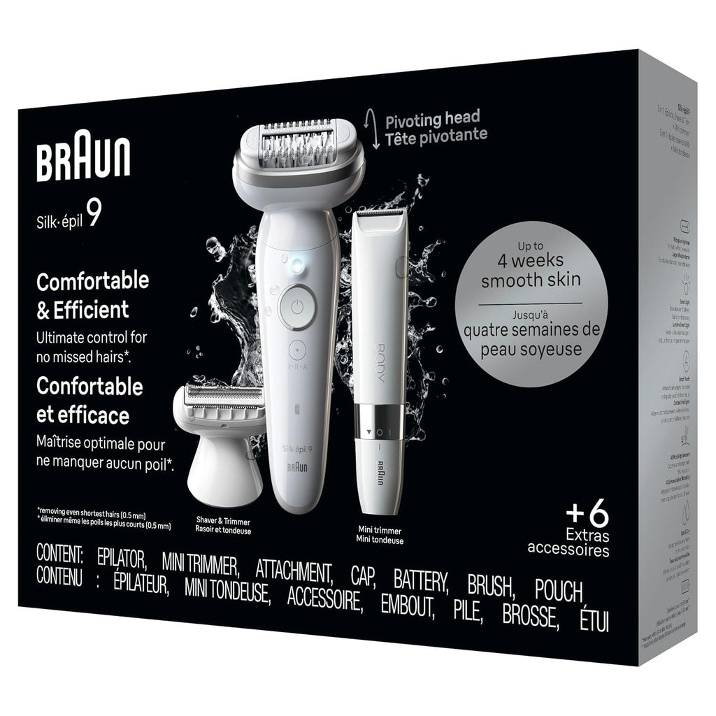 Braun Silk-épil 9 Epilator, Pivoting Head, Wet and Dry, Includes Body Trimmer, Shaver Head and Trimmer Comb, SES9-441
