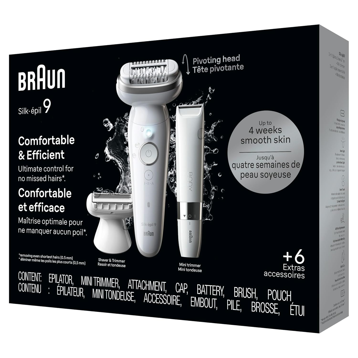 Braun Silk-épil 9 Epilator, Pivoting Head, Wet and Dry, Includes Body Trimmer, Shaver Head and Trimmer Comb, SES9-441