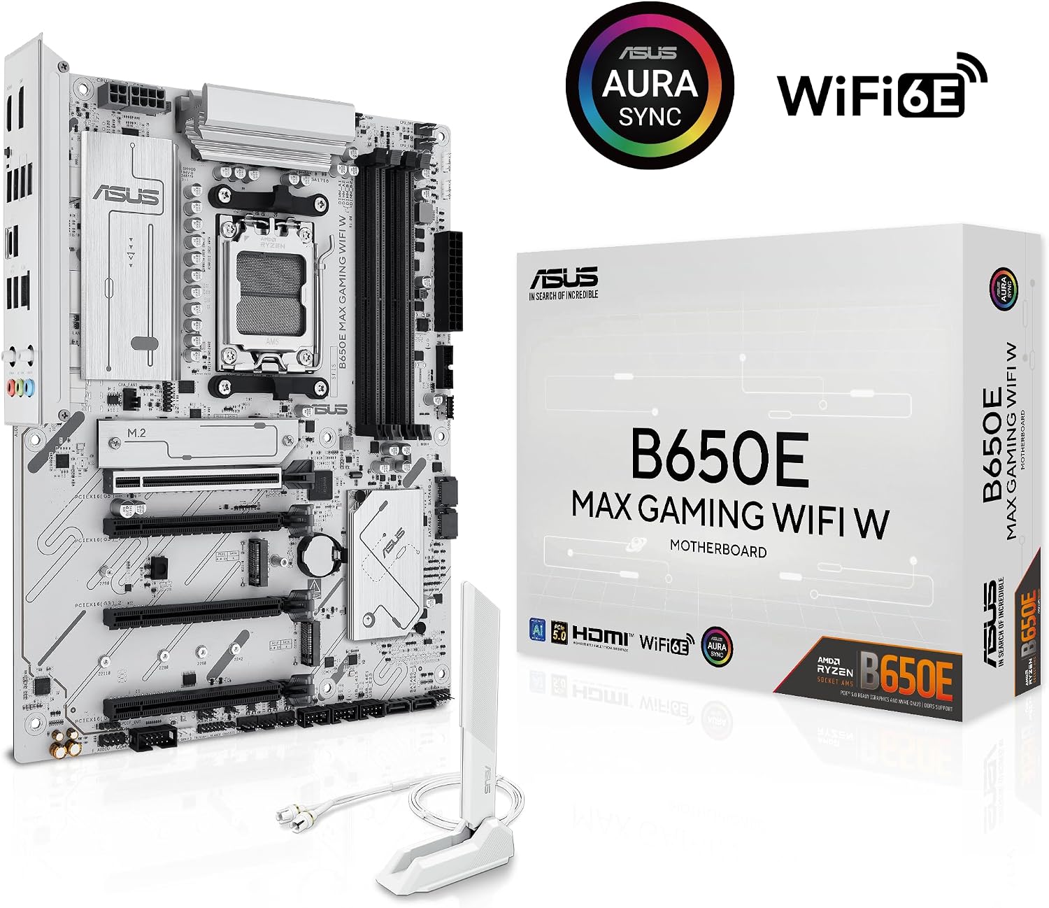 ASUS B650E MAX Gaming WiFi W – AMD B650 AM5 ATX Motherboard, White PCB, DDR5, PCIe 5.0, 3X M.2, Wi-Fi 6E, 2.5Gb LAN, USB 10Gbps Type-C, DisplayPort, HDMI™, BIOS Flashback™, Aura Sync, Advanced AI PC