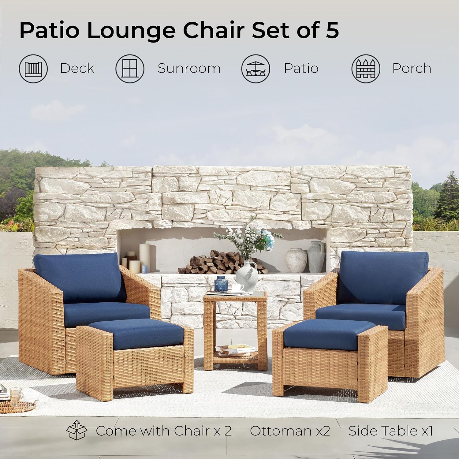 CHITA 5 Pieces Swivel Wicker Patio Furniture Set, Outdoor Conversation Set with 2 Pieces Rattan Swivel Chairs, 2 Pieces Ottomans, Thickened Cushions and Side Table, Blue Cushions with Brown Wicker