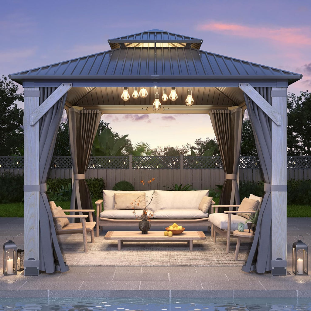 GARTOO 10' x 10' Outdoor Wood Gazebo - Permanent Wooden Hardtop Gazebo Pavilion with Double Curtains, Galvanized Steel Roof Cedar Wood Gazebos for Garden, Lawn, Poolside, Backyard Deck